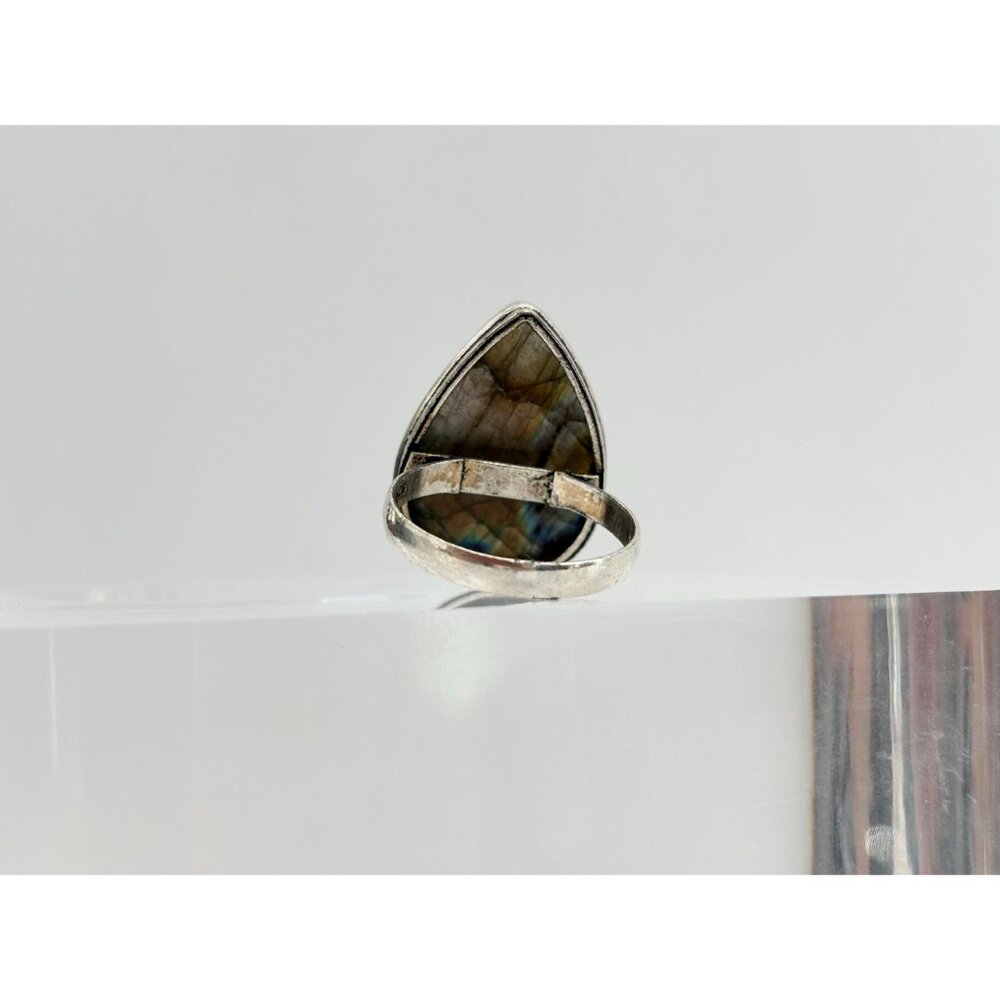 Teardrop Shaped Labradorite Vintage Sterling Silver Cabochon Ring - sz 12 - Picture 4 of 10